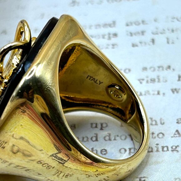 Bronzallure Large Black Lucky Cricket Symbol Ring Made in Italy 18K Gold Plate - Picture 8 of 11